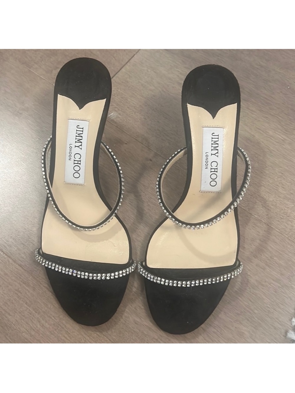 Jimmy Choo Black Satin Crystal-Embellished Strappy Heels